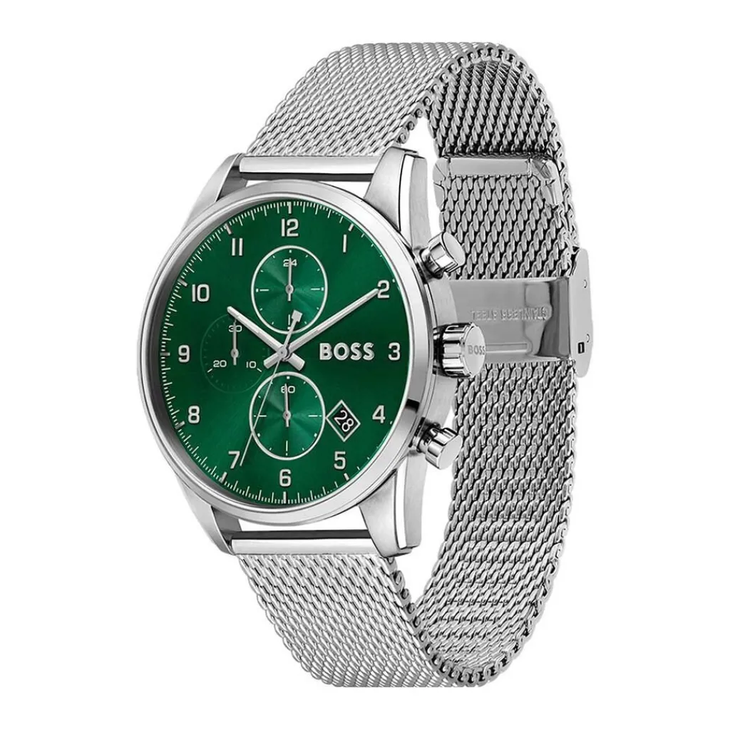 HUGO BOSS Montre Boss Skymaster Vert cadran argenté fond vert bracelet acier argenté Hot