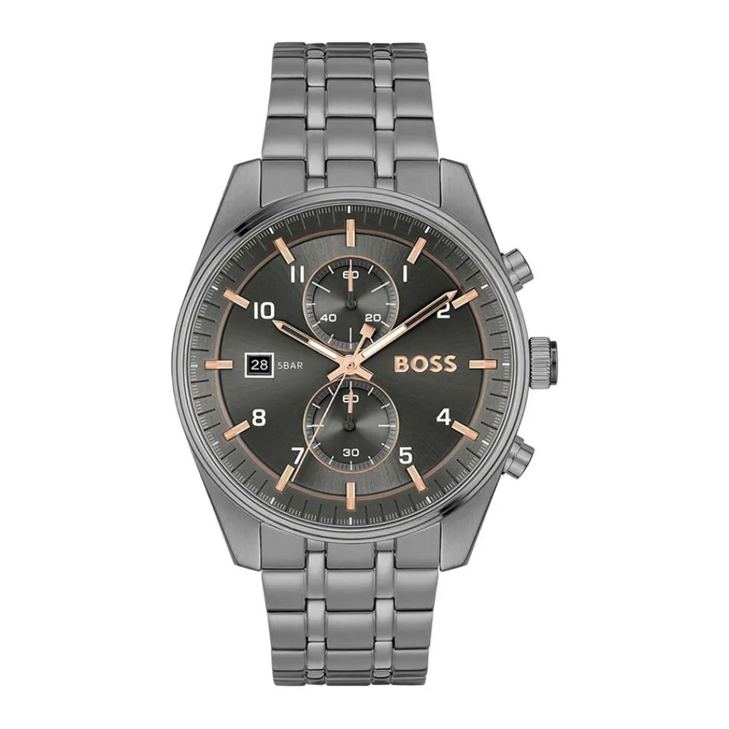 HUGO BOSS Montre Boss Skytraveller Gris cadran gris fond gris bracelet acier gris Outlet