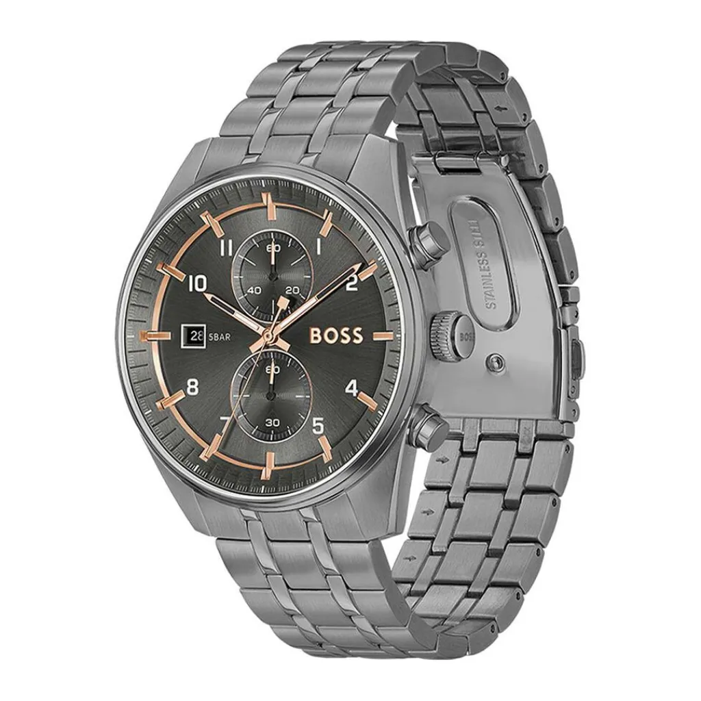 HUGO BOSS Montre Boss Skytraveller Gris cadran gris fond gris bracelet acier gris Outlet