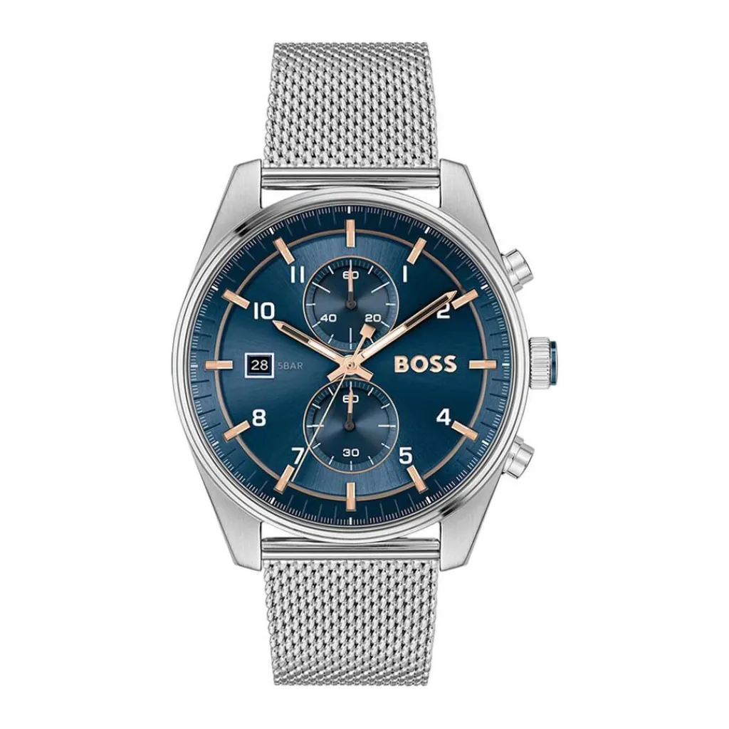 HUGO BOSS Montre Boss Skytraveller Bleu cadran argenté fond bleu bracelet acier argenté Outlet