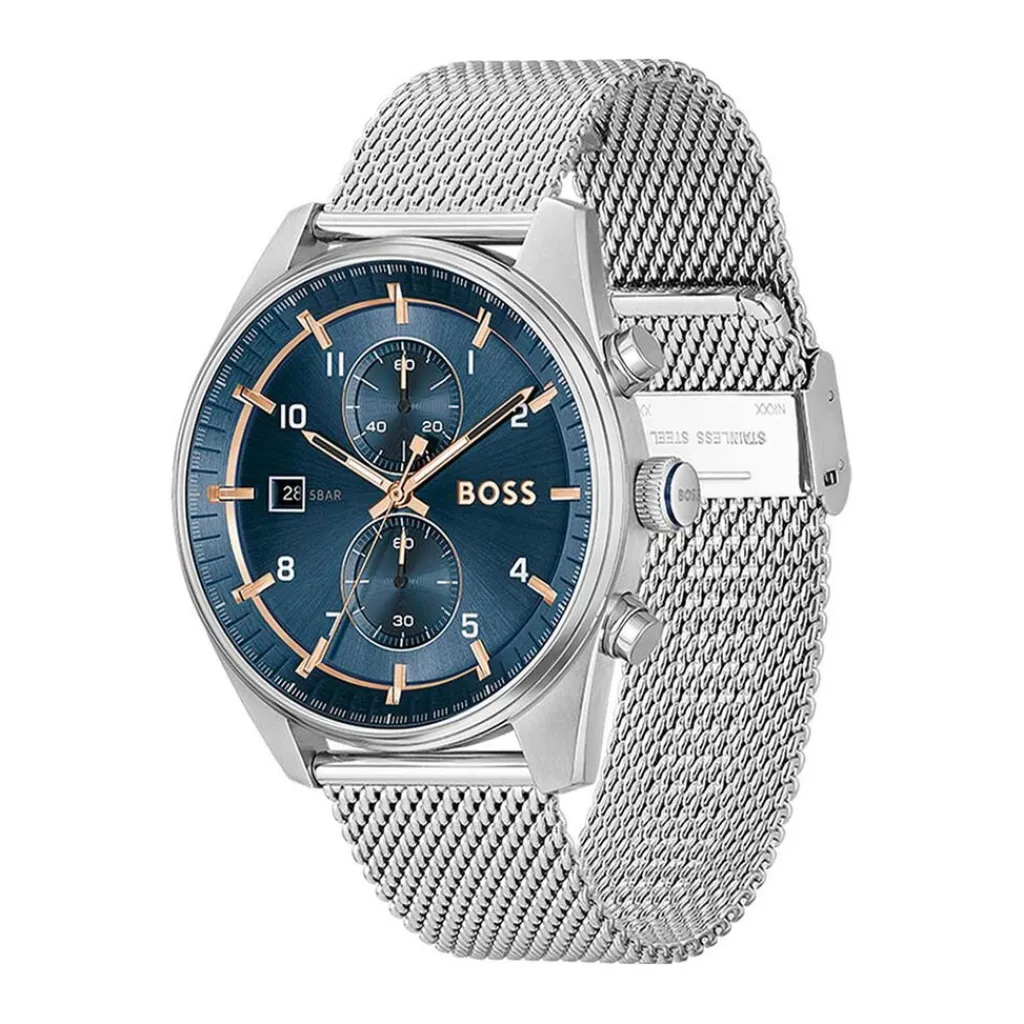 HUGO BOSS Montre Boss Skytraveller Bleu cadran argenté fond bleu bracelet acier argenté Outlet
