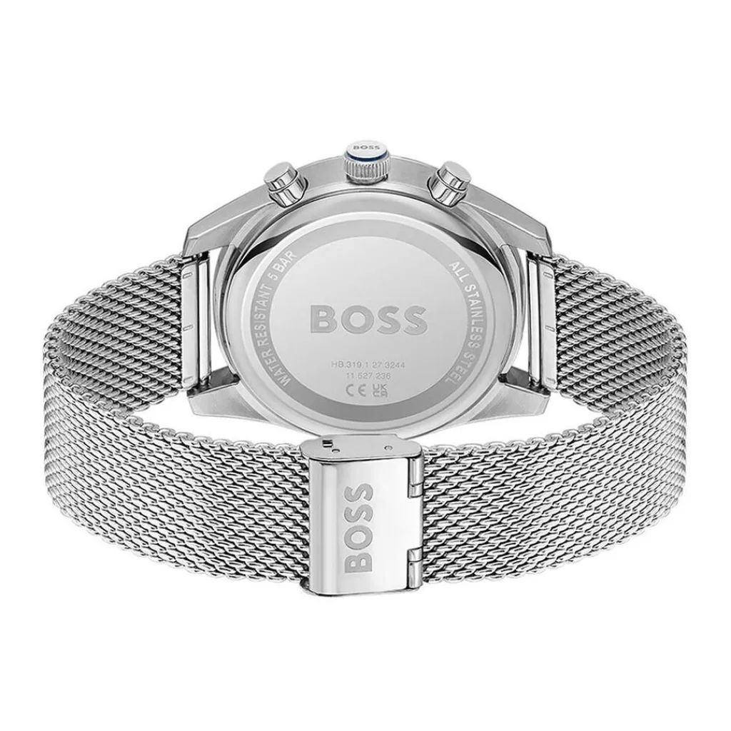 HUGO BOSS Montre Boss Skytraveller Bleu cadran argenté fond bleu bracelet acier argenté Outlet
