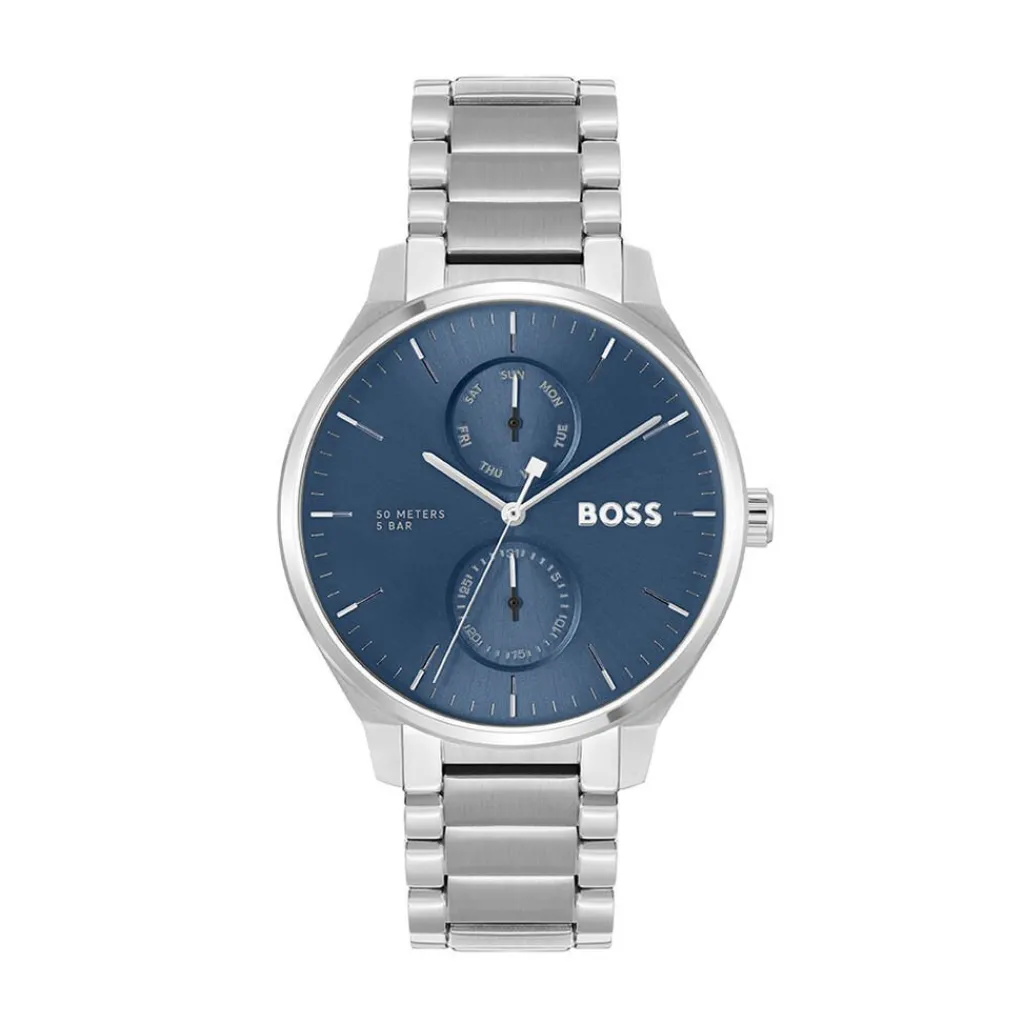 HUGO BOSS Montre Boss Tyler Bleu cadran argenté fond bleu bracelet acier argenté Outlet
