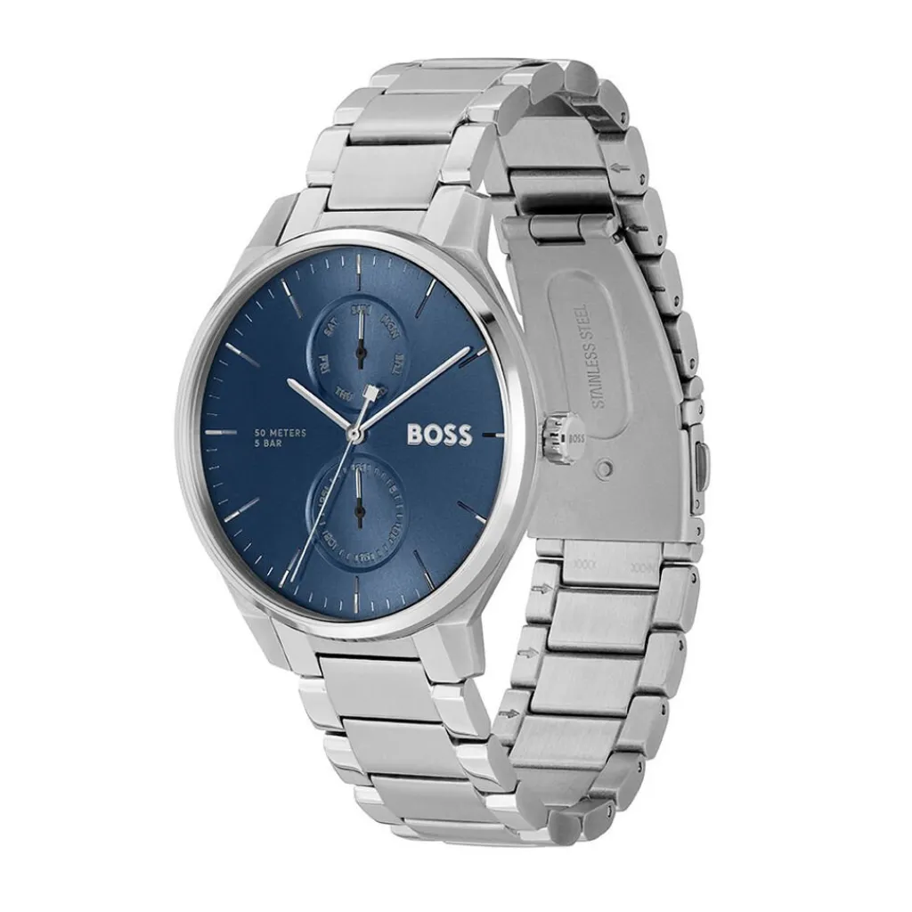 HUGO BOSS Montre Boss Tyler Bleu cadran argenté fond bleu bracelet acier argenté Outlet