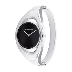 CALVIN KLEIN Montre Elated Noir cadran argenté fond noir bracelet acier argenté New