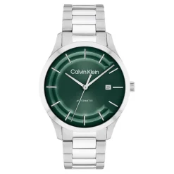 CALVIN KLEIN Montre Iconic Automatic Vert cadran argenté fond vert bracelet acier argenté Outlet