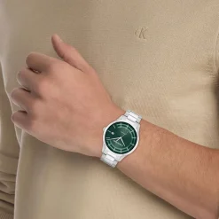 CALVIN KLEIN Montre Iconic Automatic Vert cadran argenté fond vert bracelet acier argenté Outlet
