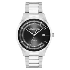 CALVIN KLEIN Montre Iconic Automatic Noir cadran argenté fond noir bracelet acier argenté Discount