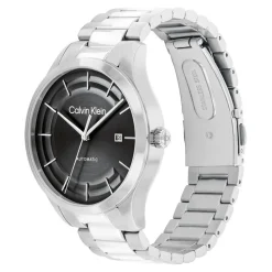 CALVIN KLEIN Montre Iconic Automatic Noir cadran argenté fond noir bracelet acier argenté Discount