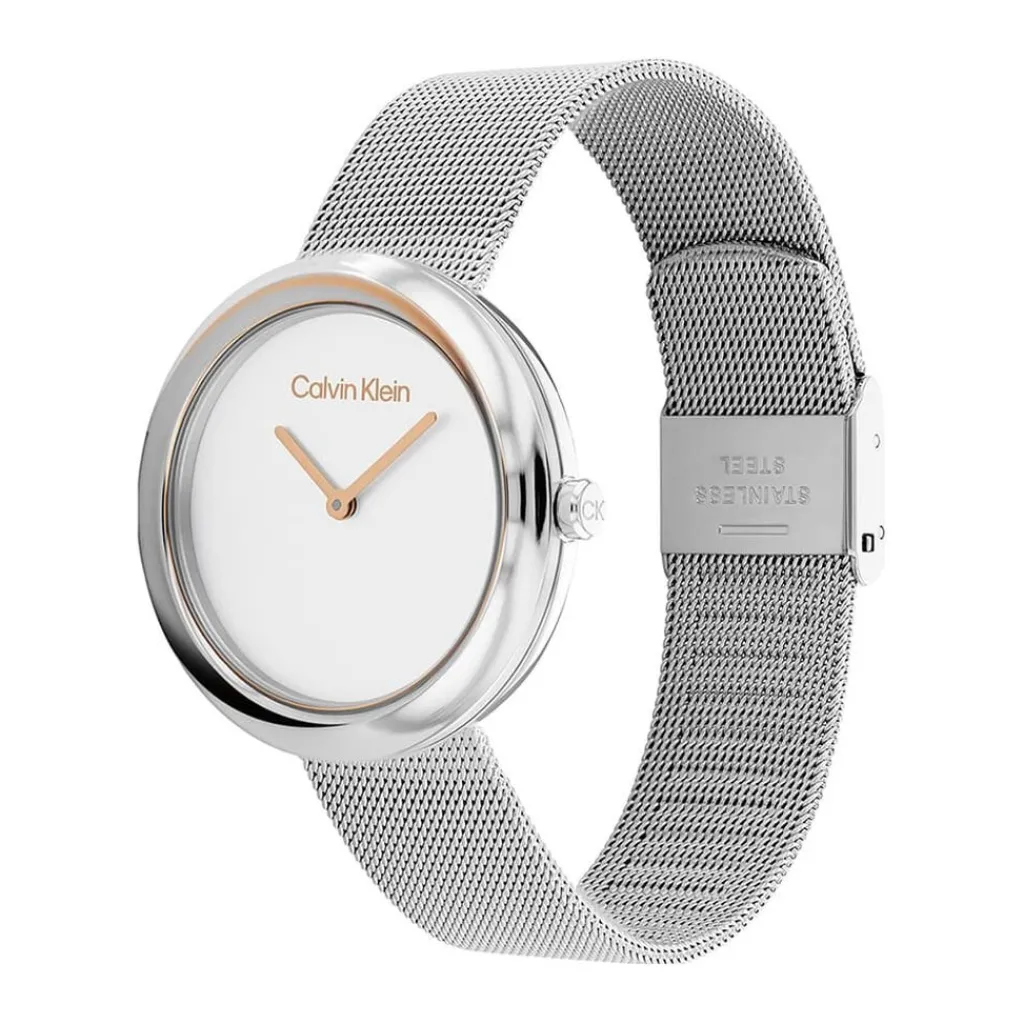 CALVIN KLEIN Montre Twisted Bezel Blanc cadran bicolore fond blanc bracelet acier argenté Outlet