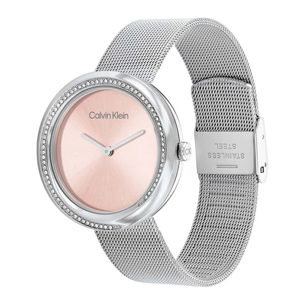 CALVIN KLEIN Montre Twist Rose cadran argenté fond rose bracelet acier argenté Best