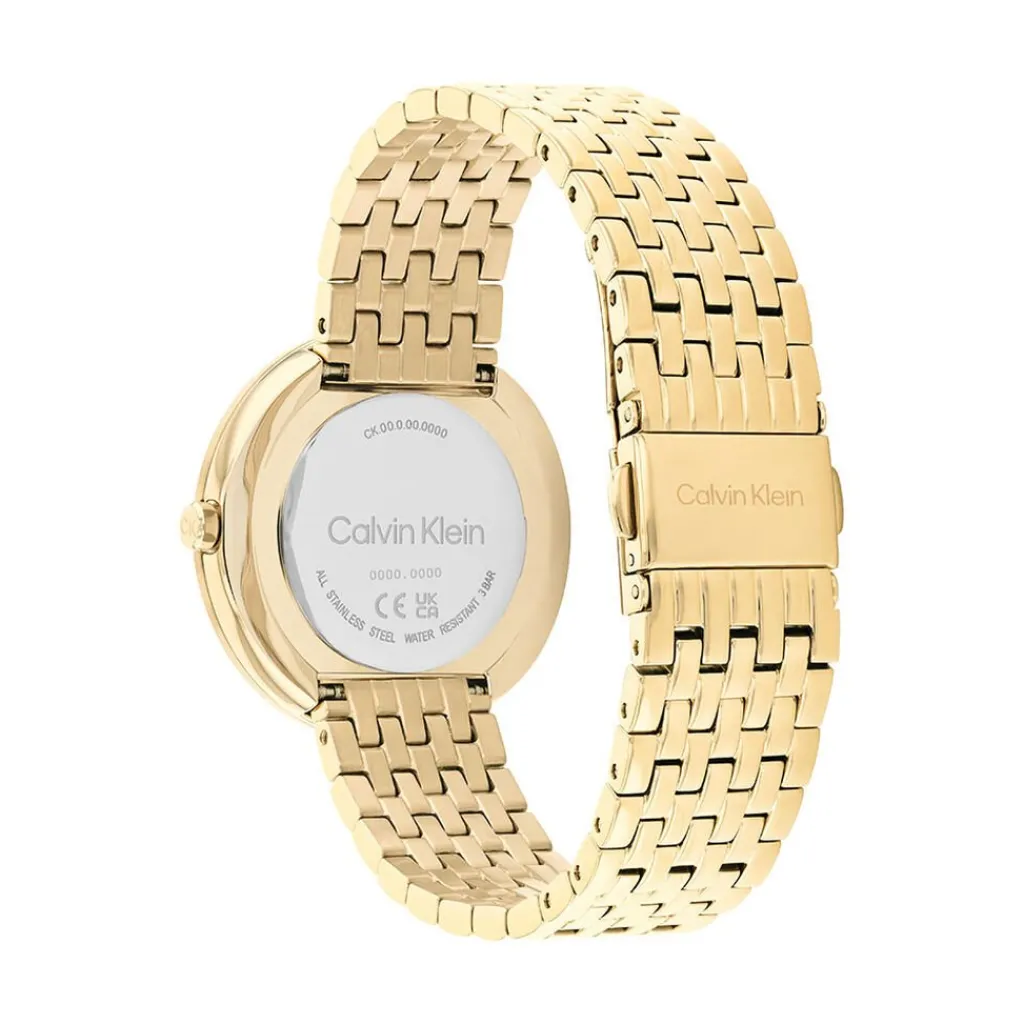 CALVIN KLEIN Montre Twisted Bezel Blanc cadran doré fond blanc bracelet acier doré Sale