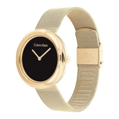 CALVIN KLEIN Montre Twisted Bezel Noir cadran doré fond noir bracelet acier doré Clearance