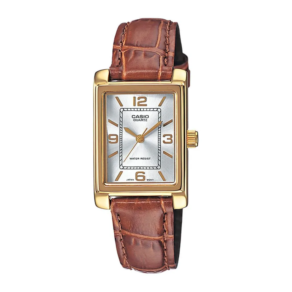 CASIO COLLECTION Montre Argente cadran dore fond argenté bracelet cuir marron Hot
