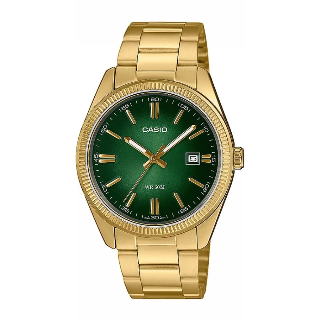 CASIO COLLECTION Montre Casio Timeless Collection Vert cadran doré fond vert bracelet acier doré