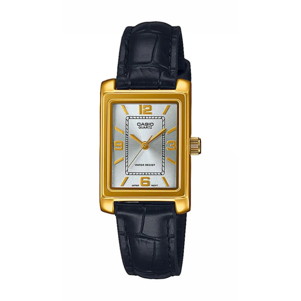 CASIO COLLECTION Montre Gris cadran doré fond gris bracelet cuir noir Discount