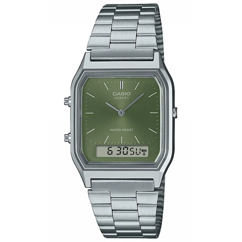 CASIO COLLECTION Montre Kaki cadran argenté fond kaki bracelet acier argenté Clearance