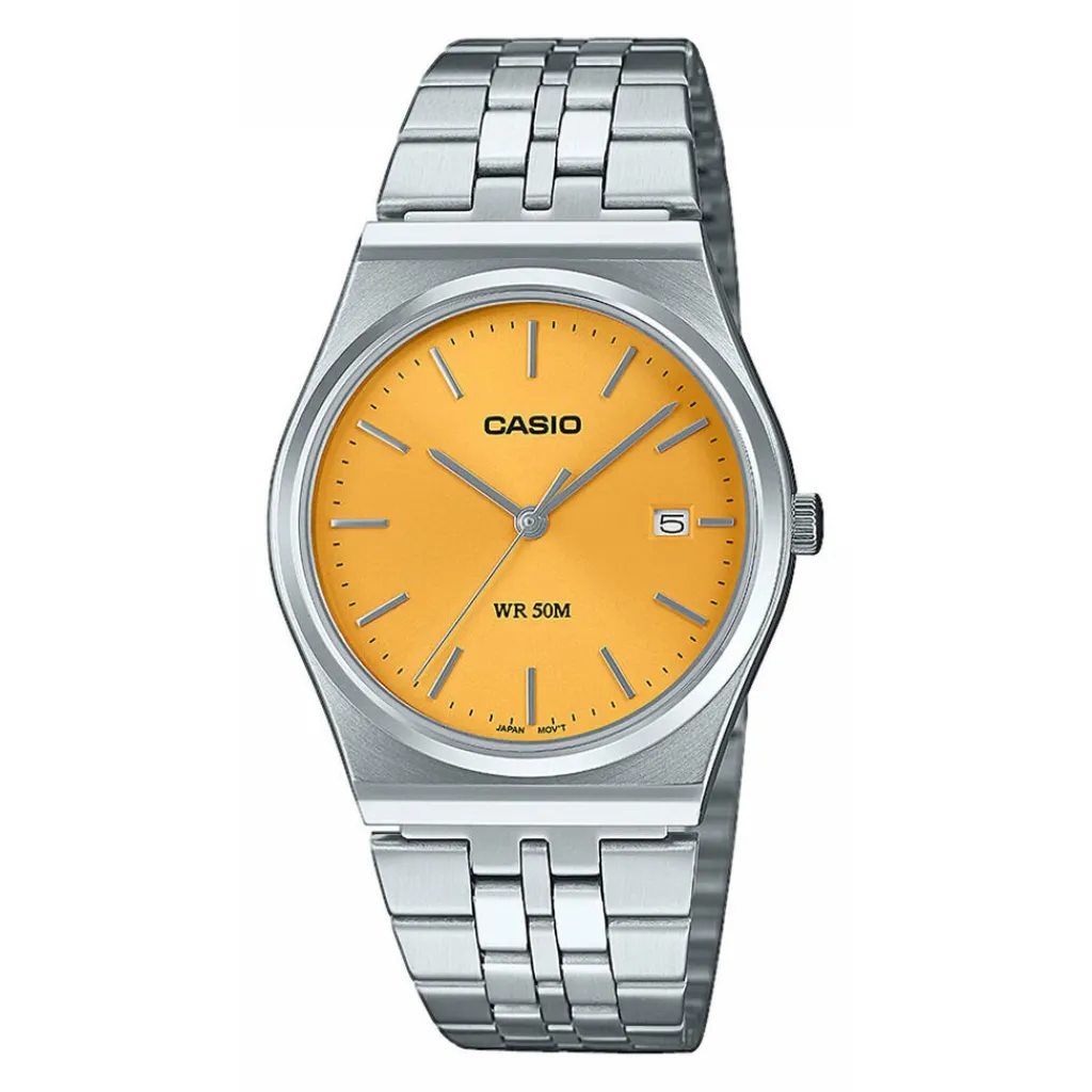 CASIO COLLECTION Montre Orange cadran argenté fond orange bracelet acier argenté New