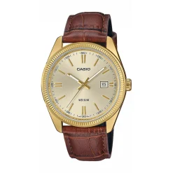 CASIO COLLECTION Montre Timeless Doré cadran doré fond doré bracelet cuir de vache marron Outlet