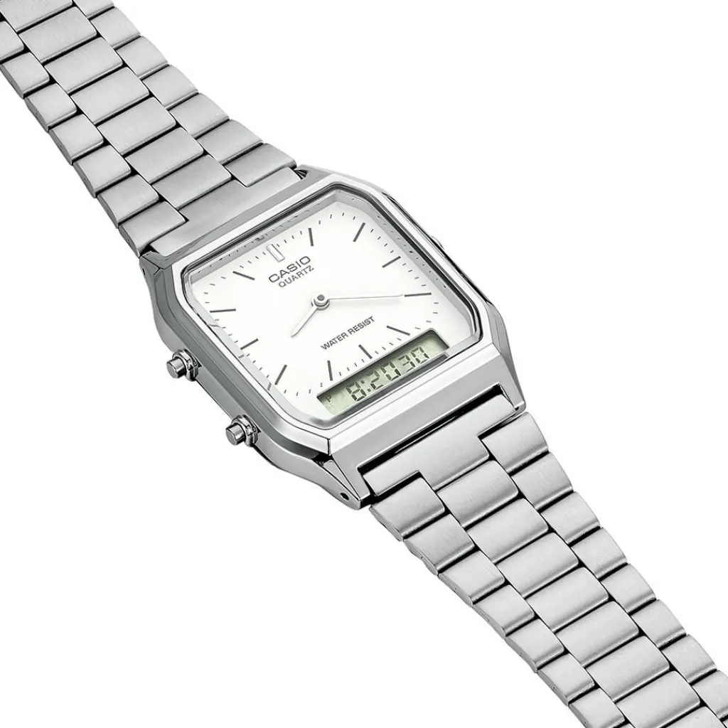 CASIO COLLECTION Montre Vintage Blanc cadran argenté fond blanc bracelet acier argenté Sale