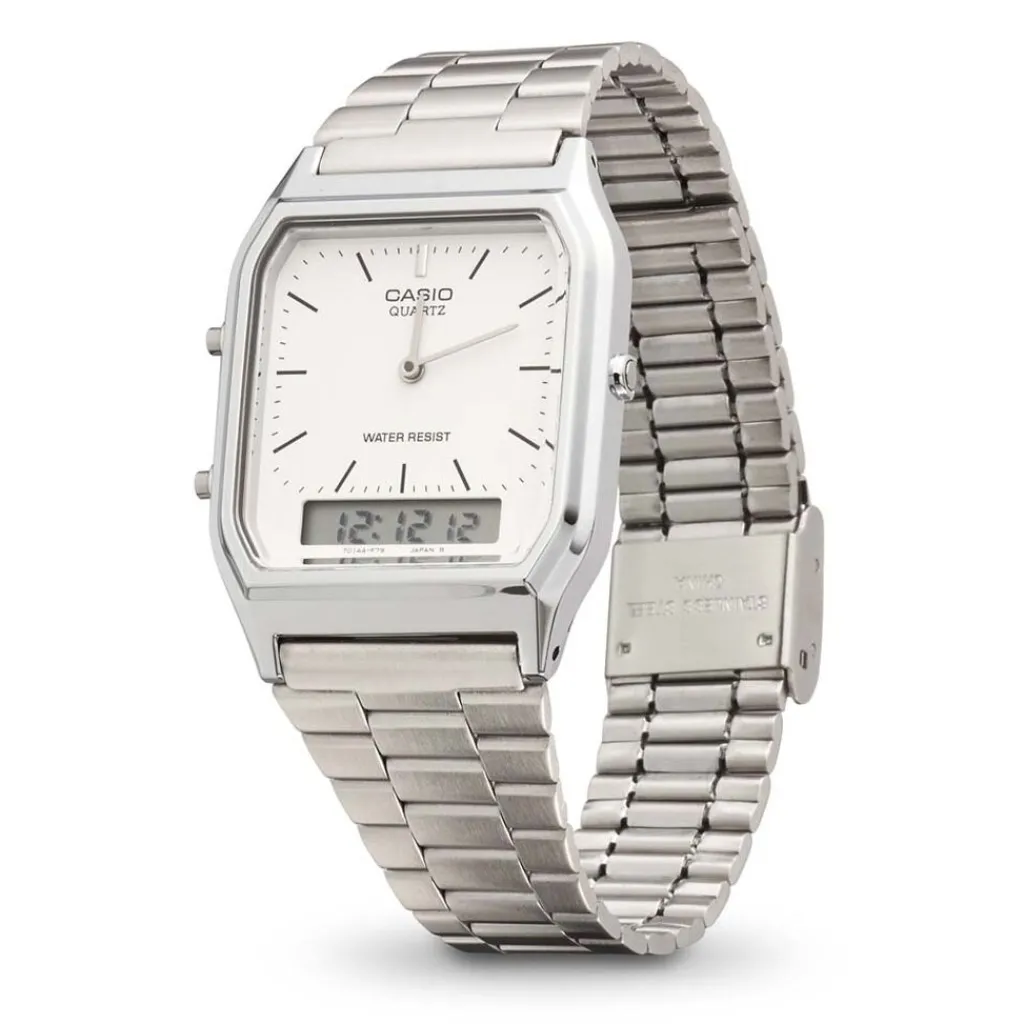 CASIO COLLECTION Montre Vintage Blanc cadran argenté fond blanc bracelet acier argenté Sale