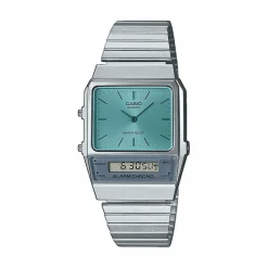CASIO COLLECTION Montre Vintage Edgy Bleu cadran argenté fond bleu bracelet acier argenté Clearance