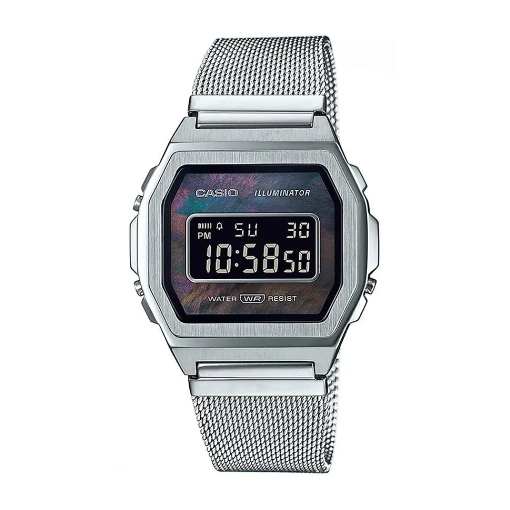 CASIO COLLECTION Montre Vintage Iconic Noir cadran argenté bracelet acier argenté Sale