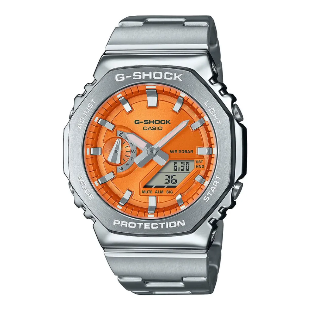 CASIO G-SHOCK Montre Orange cadran argenté fond orange bracelet acier argenté Discount