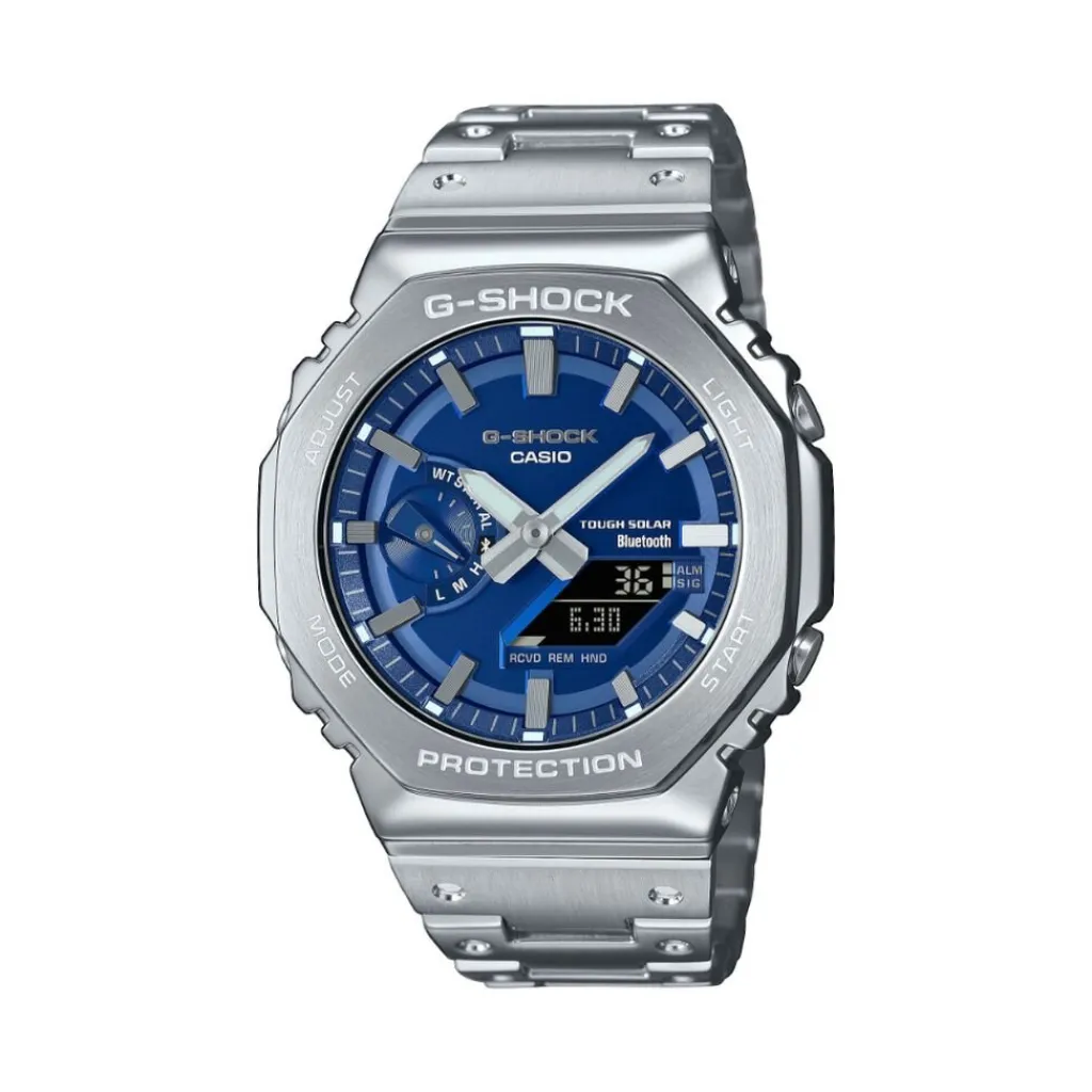 CASIO G-SHOCK Montre Premium Bleu cadran argenté fond bleu bracelet acier argenté Best