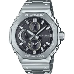 CASIO G-SHOCK Montre Premium Noir cadran argenté fond noir bracelet acier argenté Outlet