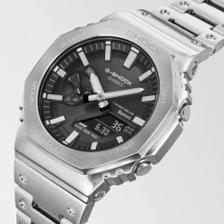 CASIO G-SHOCK Montre Premium Classic Noir cadran argenté fond noir bracelet acier argenté Hot