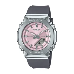 CASIO G-SHOCK Montre Rose cadran argenté fond rose bracelet résine noir