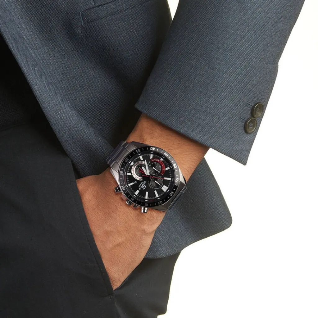 CASIO EDIFICE Montre Casio Noir cadran argenté fond noir bracelet acier argenté Clearance