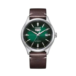 CITIZEN Montre C7 Mechanical Vert cadran argenté fond vert bracelet cuir de veau marron New