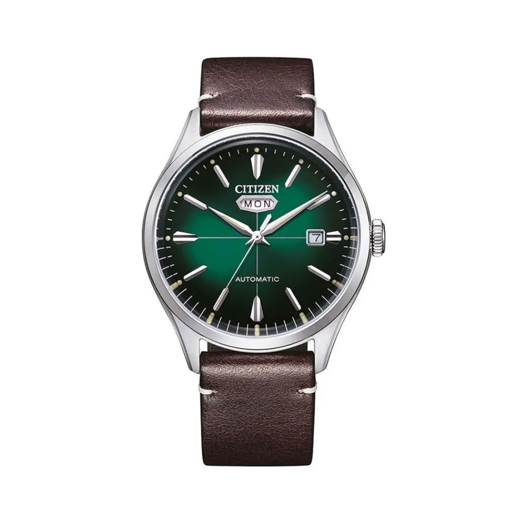 CITIZEN Montre C7 Mechanical Vert cadran argenté fond vert bracelet cuir de veau marron New
