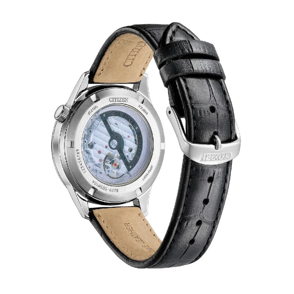 CITIZEN Montre Platform Auto Noir cadran argenté fond noir bracelet cuir de veau noir New