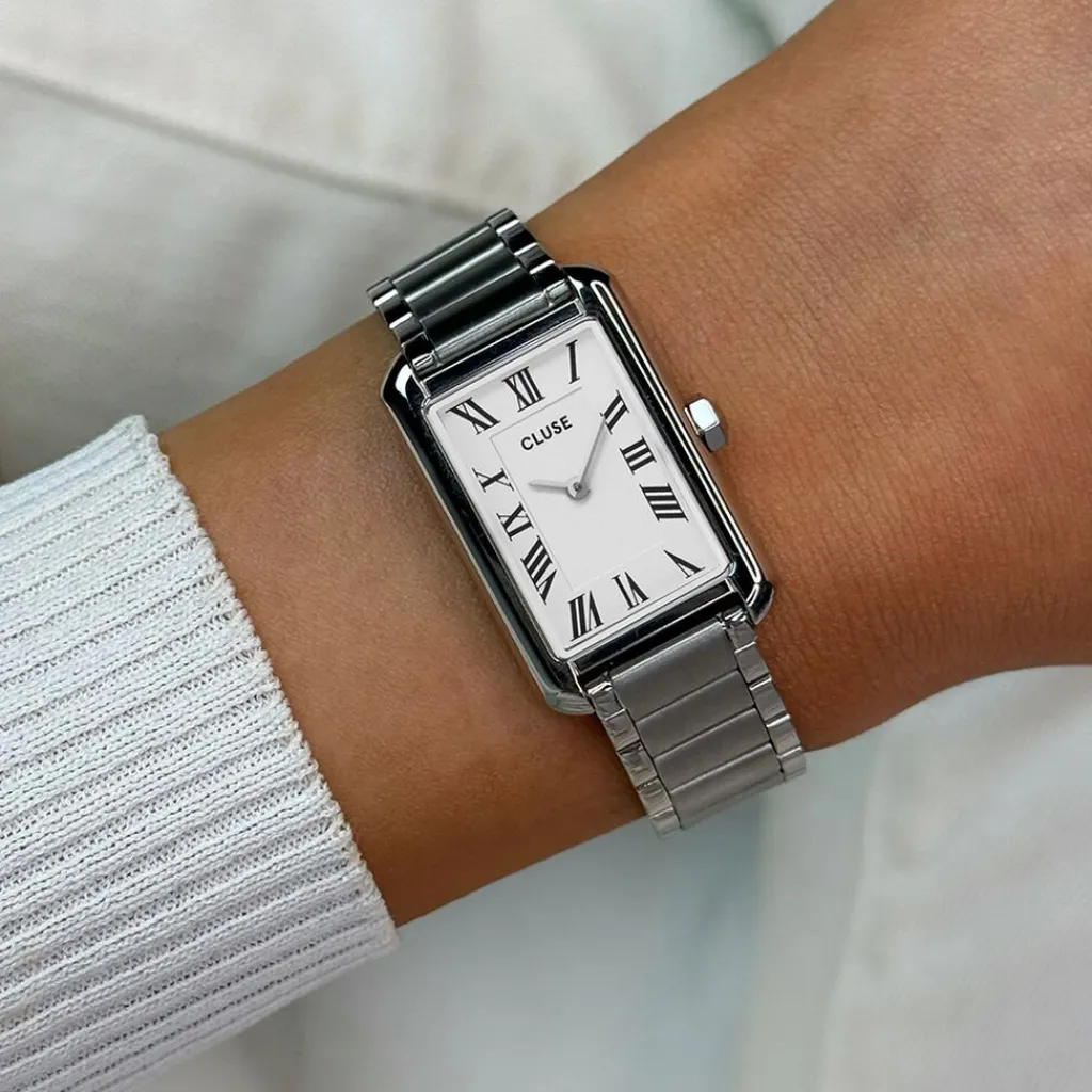 CLUSE Montre Belissena Blanc cadran argenté fond blanc bracelet acier argenté Outlet