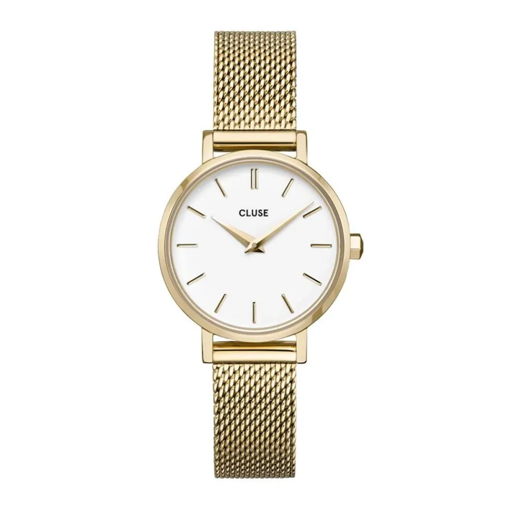 CLUSE Montre Boho Chic Petite Blanc cadran doré fond blanc bracelet acier doré