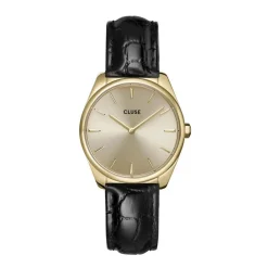 CLUSE Montre Feroce Petite Doré cadran doré fond doré bracelet cuir noir Clearance