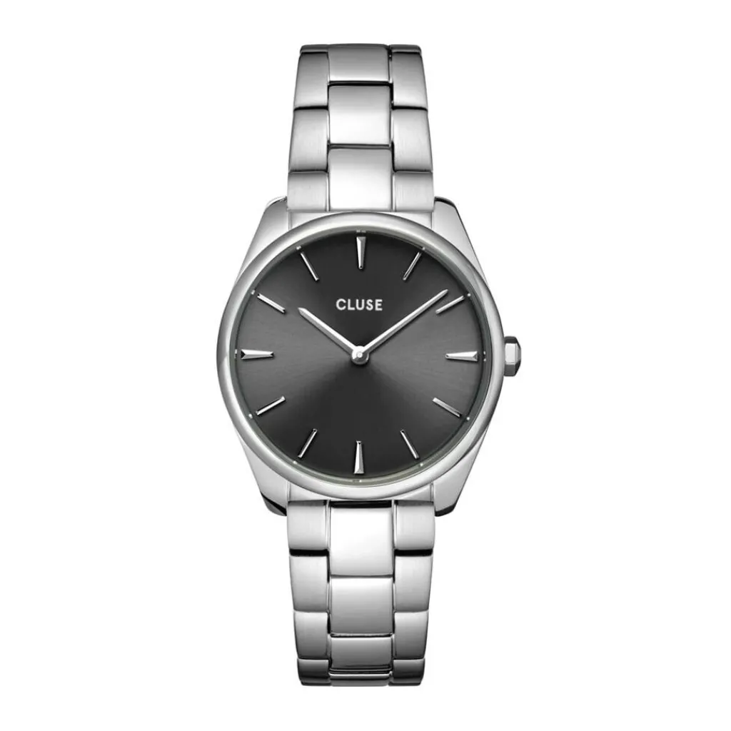 CLUSE Montre Feroce Petite Acier Blanc cadran argenté fond gris bracelet acier argenté Hot