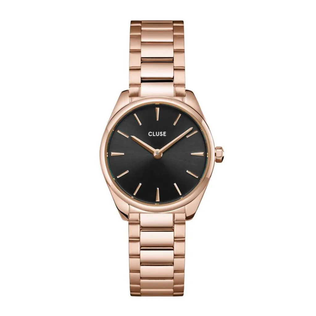 CLUSE Montre Féroce Mini Noir cadran rose fond noir bracelet acier rose Best