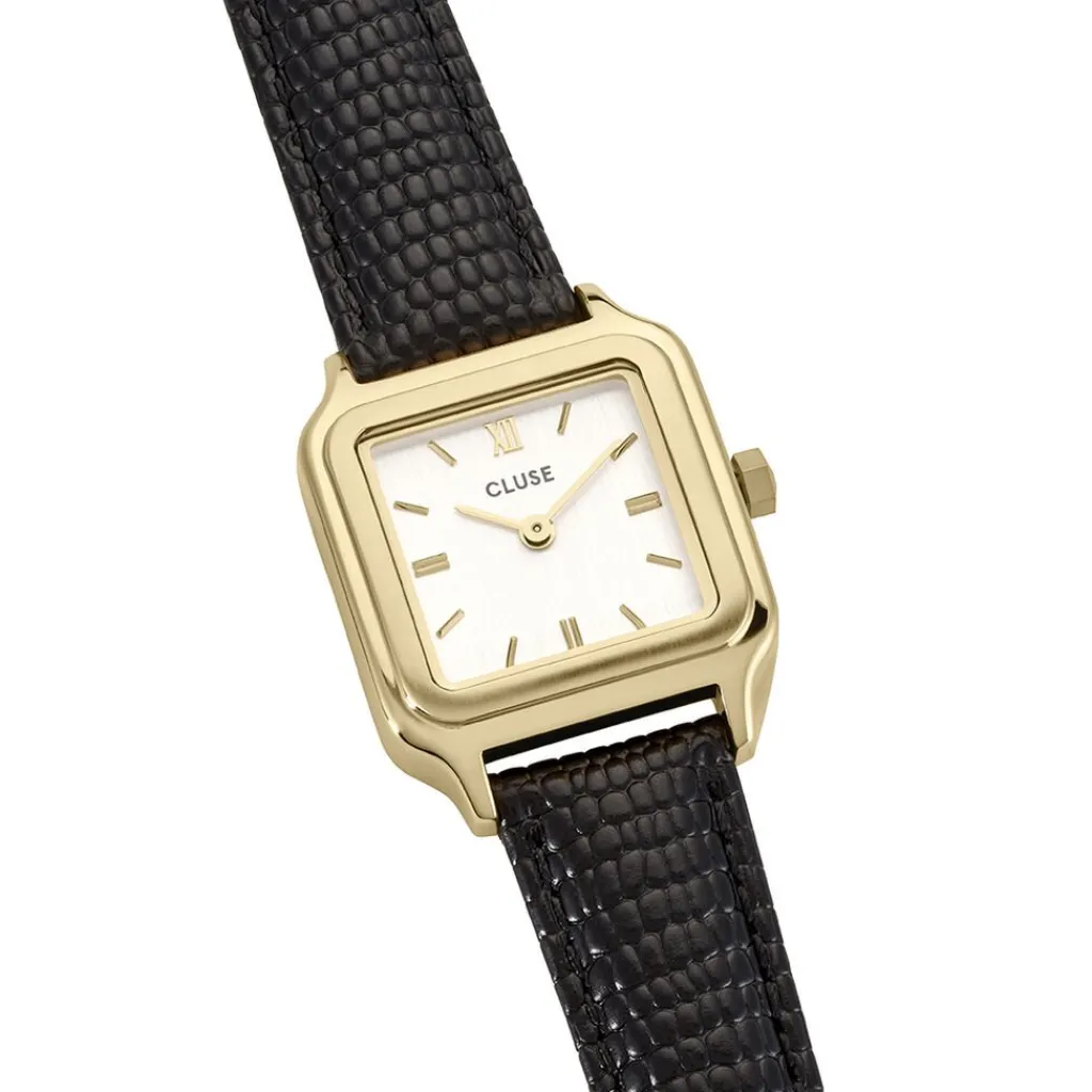 CLUSE Montre Gracieuse Petite Blanc cadran doré fond blanc bracelet cuir noir Online