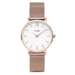 CLUSE Montre Minuit Blanc cadran doré rose fond blanc bracelet acier doré rose Clearance