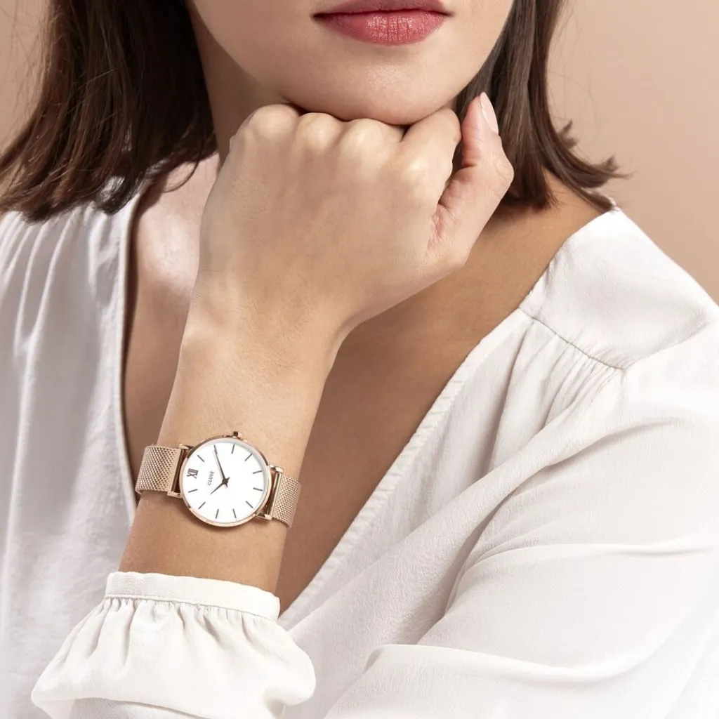 CLUSE Montre Minuit Blanc cadran doré rose fond blanc bracelet acier doré rose Clearance