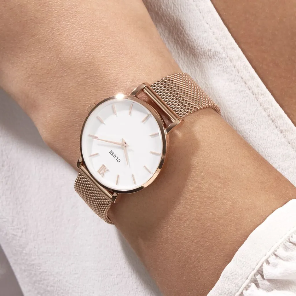 CLUSE Montre Minuit Blanc cadran doré rose fond blanc bracelet acier doré rose Clearance