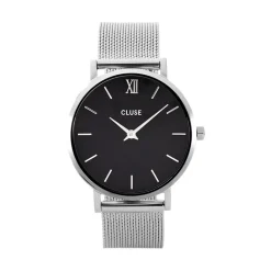 CLUSE Montre Minuit Noir cadran argenté fond noir bracelet acier argenté New