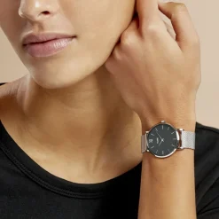 CLUSE Montre Minuit Noir cadran argenté fond noir bracelet acier argenté New