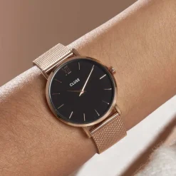 CLUSE Montre Minuit Noir cadran doré rose fond noir bracelet acier doré rose Best