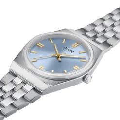 CLUSE Montre Retro 70's Bleu cadran argenté fond bleu bracelet acier argenté Hot