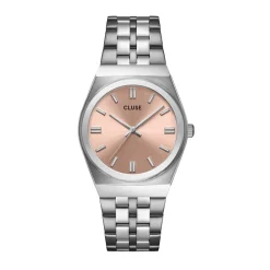 CLUSE Montre Retro 70's Rose cadran argenté fond rose bracelet acier argenté Discount